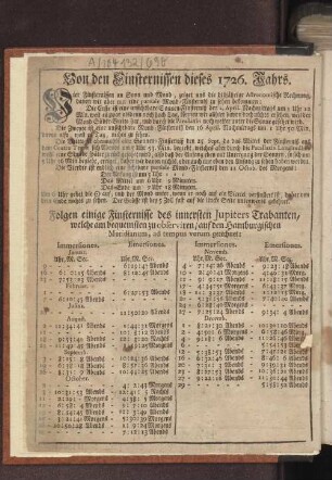 Von den Finsternissen dieses 1726. Jahrs.