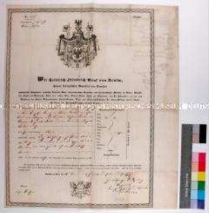 Preußischer Reisepass No. 175 für Fanny Prinzessin Biron von Curland für Österreich
