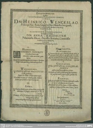 Epigrammata quibus ... Heinrico-Wenceslao ... duci Munsterbergensi ... et Annae Magdalenae ... sponsis ...