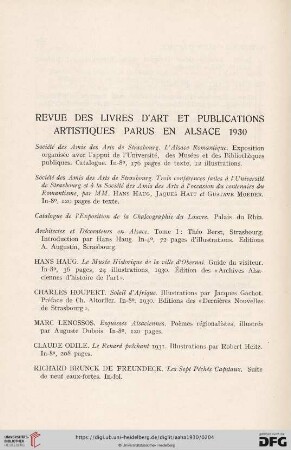 Revue des livres d´art et publications artistiques parus en Alsace 1930