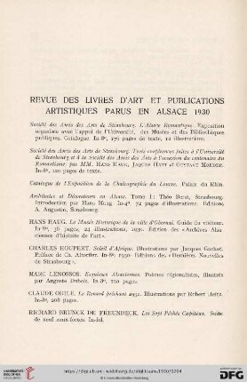 Revue des livres d´art et publications artistiques parus en Alsace 1930