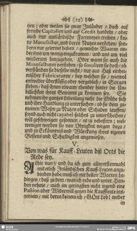V. Von was für Kauff-Leuten diß Orts die Rede sey