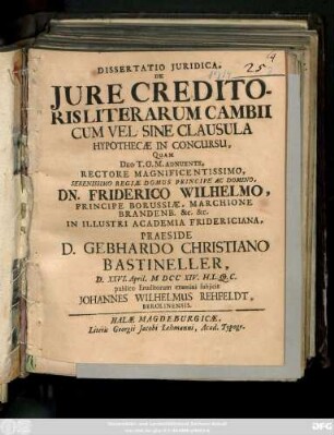 Dissertatio Juridica, De Jure Creditoris Literarum Cambii Cum Vel Sine Clausula Hypothecæ In Concursu