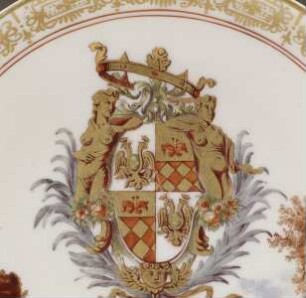 Henkeltasse und Unterschale mit Wappen Giustinian-Lolin sowie Kauffahrtei- und Landschaftsszenen — Unterschale