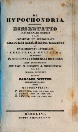 De hypochondria : dissertatio inauguralis medica