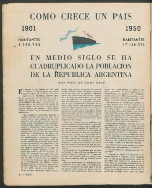 Como crece un país : En medio siglo se ha cuadruplicado la población de la República Argentina