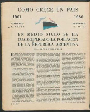 Como crece un país : En medio siglo se ha cuadruplicado la población de la República Argentina