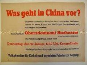 Maueranschlag mit Ankündigung einer Veranstaltung des Leipziger Volkskomitees über China