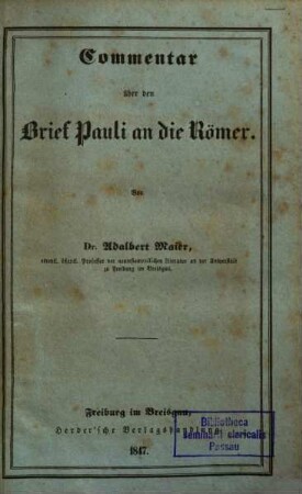 Commentar über den Brief Pauli an die Römer