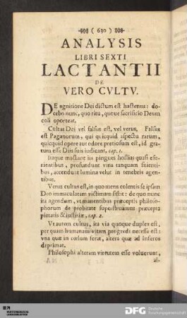 Analysis Libri Sexti Lactantii De Vero Cvltv.