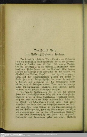 Die Stadt Zeitz im siebenjährigen Kriege