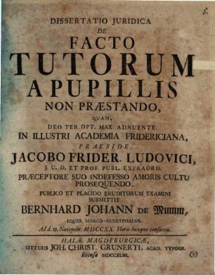 Diss. iur. De facto tutorum a pupillis non praestando