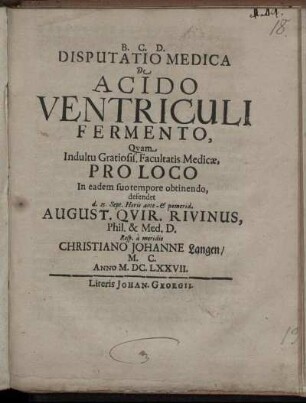 Disputatio Medica De Acido Ventriculi Fermento