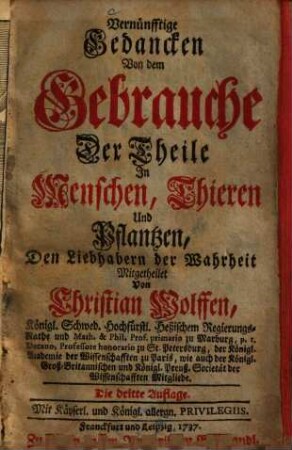 Vernünfftige Gedancken Von dem Gebrauche Der Theile In Menschen, Thieren Und Pflantzen