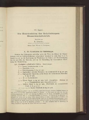 VII. Kapitel. Die Konstruktion der Rohrleitungen. Wasserwerksbetrieb.
