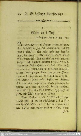 5. Gleim an Lessing. Halberstadt, den 8. August 1757