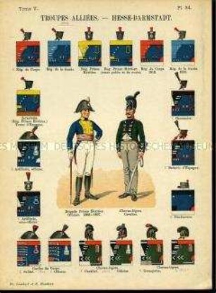 Uniformdarstellung, Infanterie-Offizier und Chevauleger des Alliierten Hessischen Regiments, Detailstudien von Kopfbedeckungen und Abzeichen der Alliierten Hessen-Darmstädtischen Regimenter, Frankreich, 1809/1813.