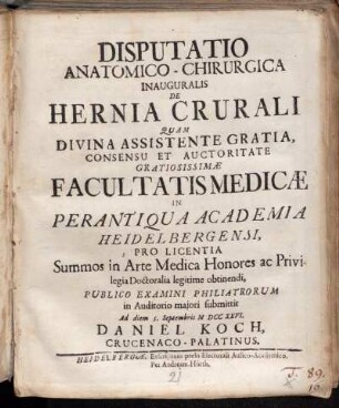 Disputatio Anatomico-Chirurgica Inauguralis De Hernia Crurali