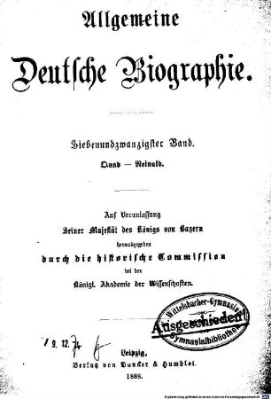 Allgemeine deutsche Biographie. 27, Quad - Reinald