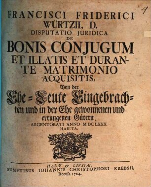 Disputatio inauguralis iuridica de bonis coniugum et illatis et durante matrimonio acquisitis