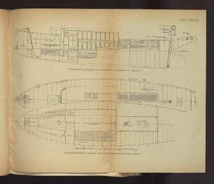 Tafel LXXXVII Vertikal-Schnitt, Kajüten- und Deck-Einrichtungsplan der "Ostsee", Horizontal-Schnitte, Kajüten- und Deck-Einrichtungsplan der "Ostsee"