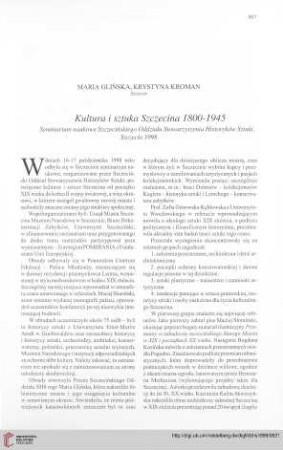 Kultura i sztuka Szczecina 1800-1945 : seminarium naukowe Szczecińskiego Oddziału Stowarzyszenia Historyków Sztuki, Szczecin 1998
