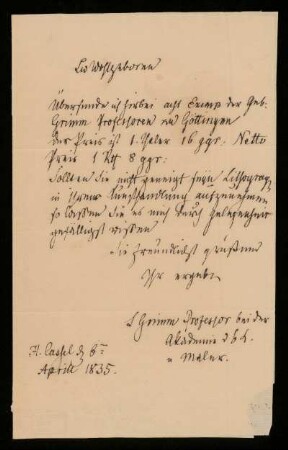 Brief von Ludwig Emil Grimm an Buchhandlung Jacoby (Berlin)
