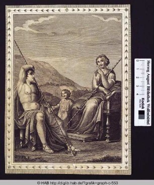 Drei Personen in antiker Kleidung in einer Landschaft.