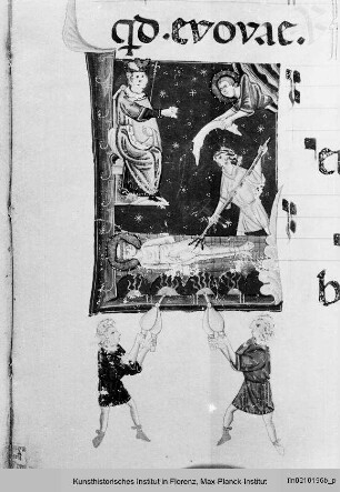 Antiphonar : Textseite mit Randseitenbordüre, vierzeiligen Neumen und historisierter Initiale L: Martyrium des Laurentius