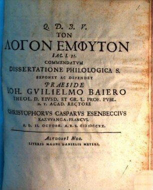 Ton logon emphyton Jac. I, 21. commendatum dissertatione philologica