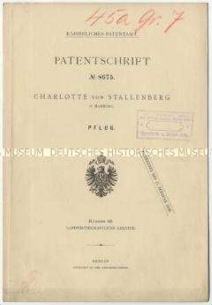 Patentschrift eines Pfluges, Patent-Nr. 8675
