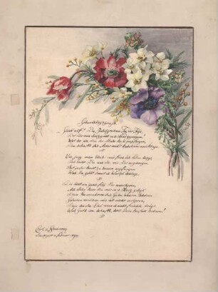 Elise von Stockmayer: Aquarellierter Blumenstrauß (mit Geburtstagsgruß ihres Sohnes Carl Hayo)