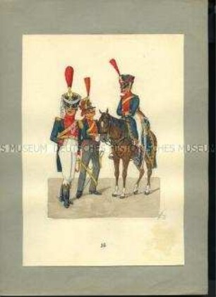 Uniformdarstellung, Offizier in Parade, Unteroffizier, Kanonier zu Pferd, Reitende Artillerie, Sachsen, 1810/1811. Veränderte Kopie aus: Abbildung der neu organisierten Königlich-Sächsischen Armee.
