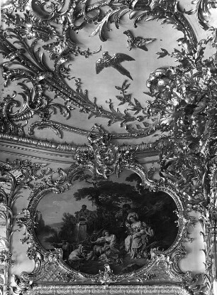 Bukolische Szene : Bukolische Szene. Wandmalerei (1883 nach F. Boucher). Chiemsee, Neues Schloss Herrenchiemsee, Supraporta, Spiegelsaal, Hellblaues Spiegelkabinett