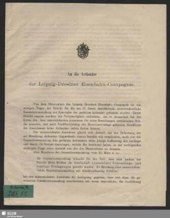 An die Actionäre der Leipzig-Dresdner Eisenbahn-Compagnie : [Leipzig, den 23. Aug. 1875]