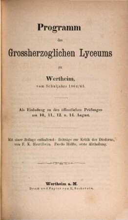Programm des Grossherzoglichen Lyceums in Wertheim : vom Schuljahre ..., 1864/65