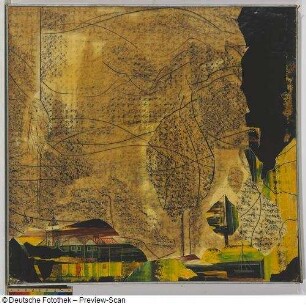 Abstrakte Komposition aus Gebäuden, Kirche und Segelboot vor Massivberg : Abstrakte Komposition aus Gebäuden, Kirche und Segelboot vor Massivberg. Papiercollage, Zeichnung und Frottage, Klebungen und Polyesterschmelze; 64,3 x 67 cm (mit Rahmen)