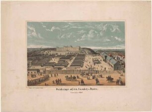 Dresden, der Alaunplatz mit der 1870 errichteten Schützenkaserne für das 108. Königlich Sächsische Schützenregiment "Prinz Georg" und dem Barackenlager im Vordergrund