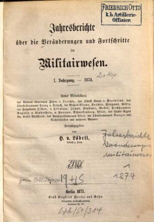 Jahresberichte über die Veränderungen und Fortschritte im Militärwesen. 1. 1874 (1875)