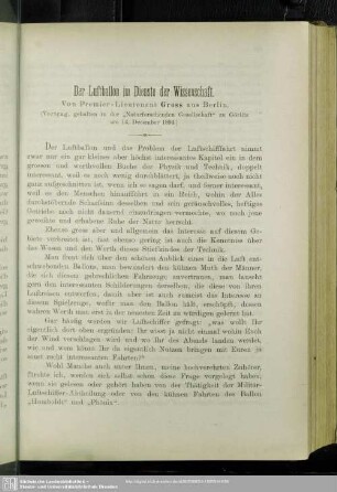 Der Luftballon im Dienste der Wissenschaft : (Vortrag, gehalten in der "Naturforschenden Gesellschaft" zu Görlitz am 14. December 1894.)