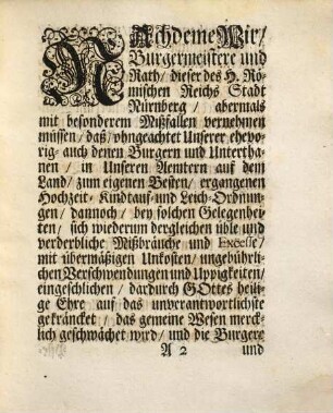 Verneuerte Ordnung, Wie es bey Hochzeit, Kind-Tauff, und Leichen in denen des H. Röm. Reichs Stadt Nürnberg zugehörigen Aemtern und auf dem Lan hinführo gehalten werden solle