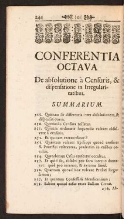 Conferentia Octava De absolutione à Censuris, & dispensatione in Irregularitatibus