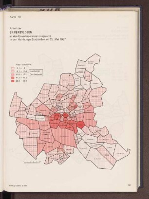 Anteil der Erwerbslosen an den Erwerbspersonen insgesamt in den Hamburger Stadtteilen am 25. Mai 1987