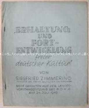 Hektografierte Ausgabe einer Rede von Siegfried Zimmering auf einem Kongress des Freien Deutschen Kultur Bundes in Großbritannien 1943