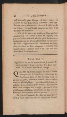 Chapitre V. La facilité qu'ont eue les Américains de se procurer les choses nécessaires à leur nourriture & à leurs vétemens, les à retenus dans la vie sauvage.