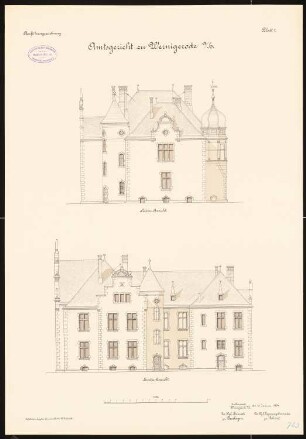Amtsgericht und Gefängnis, Wernigerode: Aufriss Rückansicht, Seitenansicht 1:100