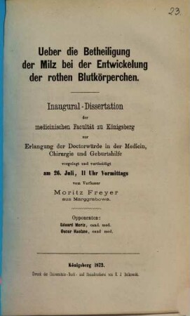 Ueber die Betheiligung der Milz bei der Entwickelung der rothen Blutkörperchen : Inaugural-Dissertation