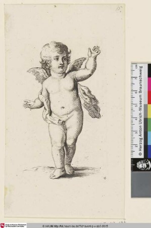 [Stehender Putto, nach rechts blickend, den linken Arm erhoben]