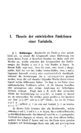 I. Theorie der entwickelten Funktionen einer Variablen.