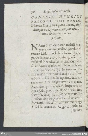 Genesis Henrici Ranzovii, Filii Domini Iohannis Ranzouii Equitis aurati, eiusdemque vitae, fortunarum , conditionum & morborum descriptio